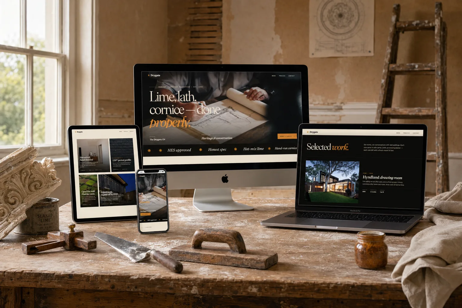 Drygate Plasterworks site shown across phone, tablet, and desktop