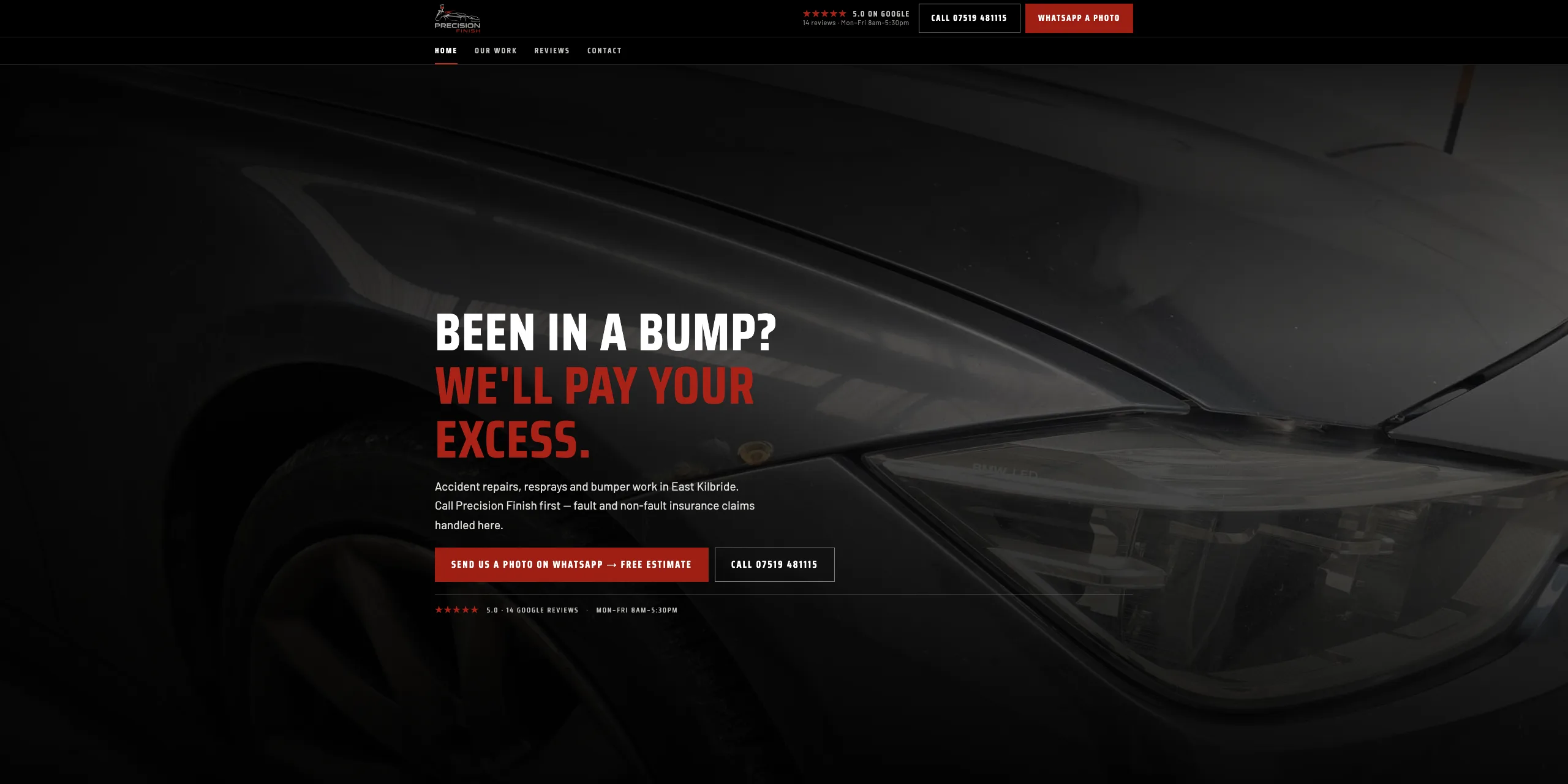 Precision Finish site hero shown on desktop