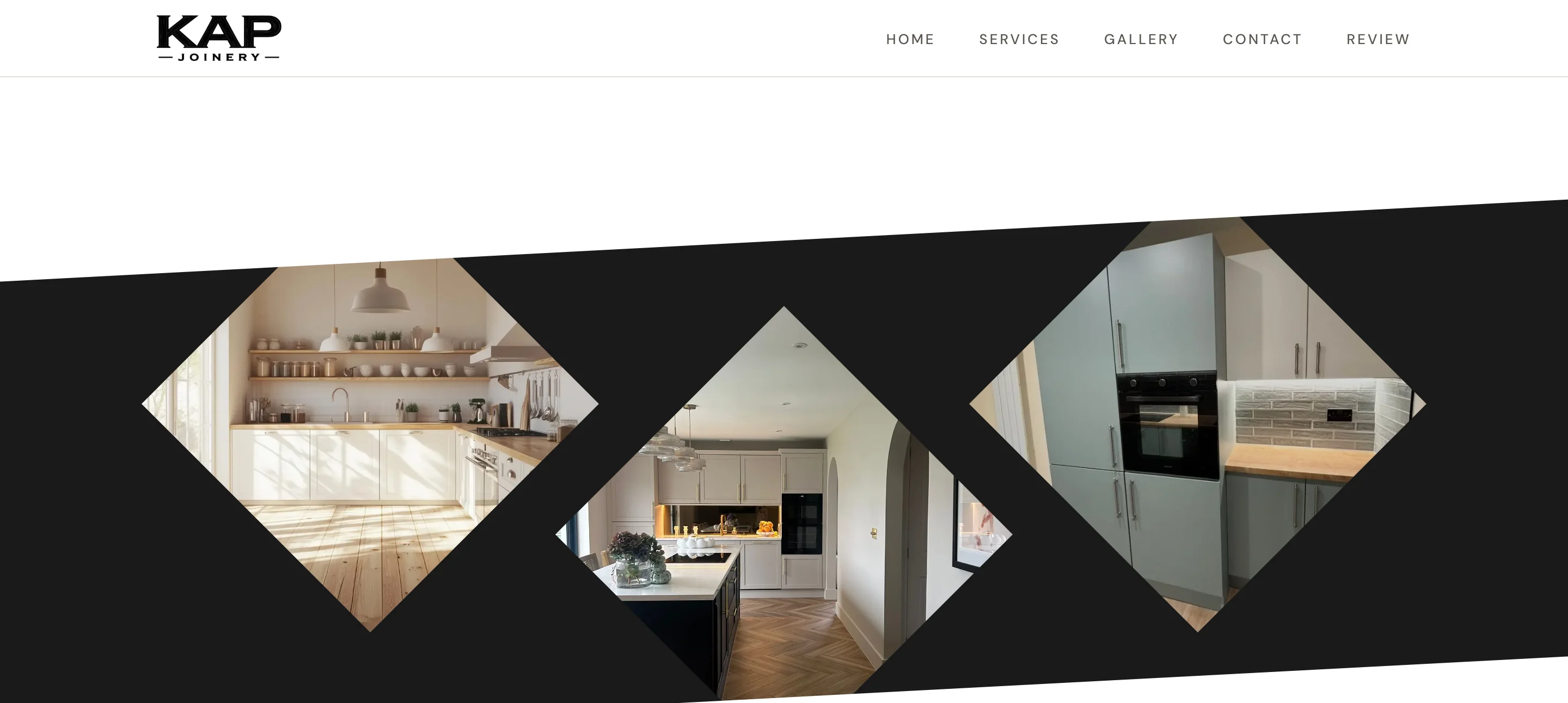 KAP Joinery homepage — the page transitions from white into black with an angled diamond-cut, three diamond-cropped kitchen photographs sit on the dark band
