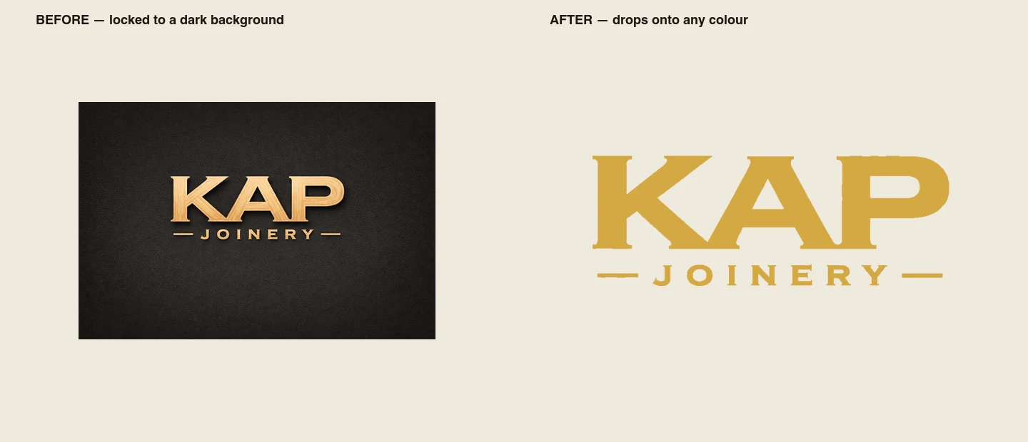 KAP Joinery logo, before and after — left half shows the original gold-on-dark logo trapped in a dark rectangle that doesn't blend with the light page; right half shows the cleaned-up gold logo sitting cleanly on the same light page with no visible rectangle around it
