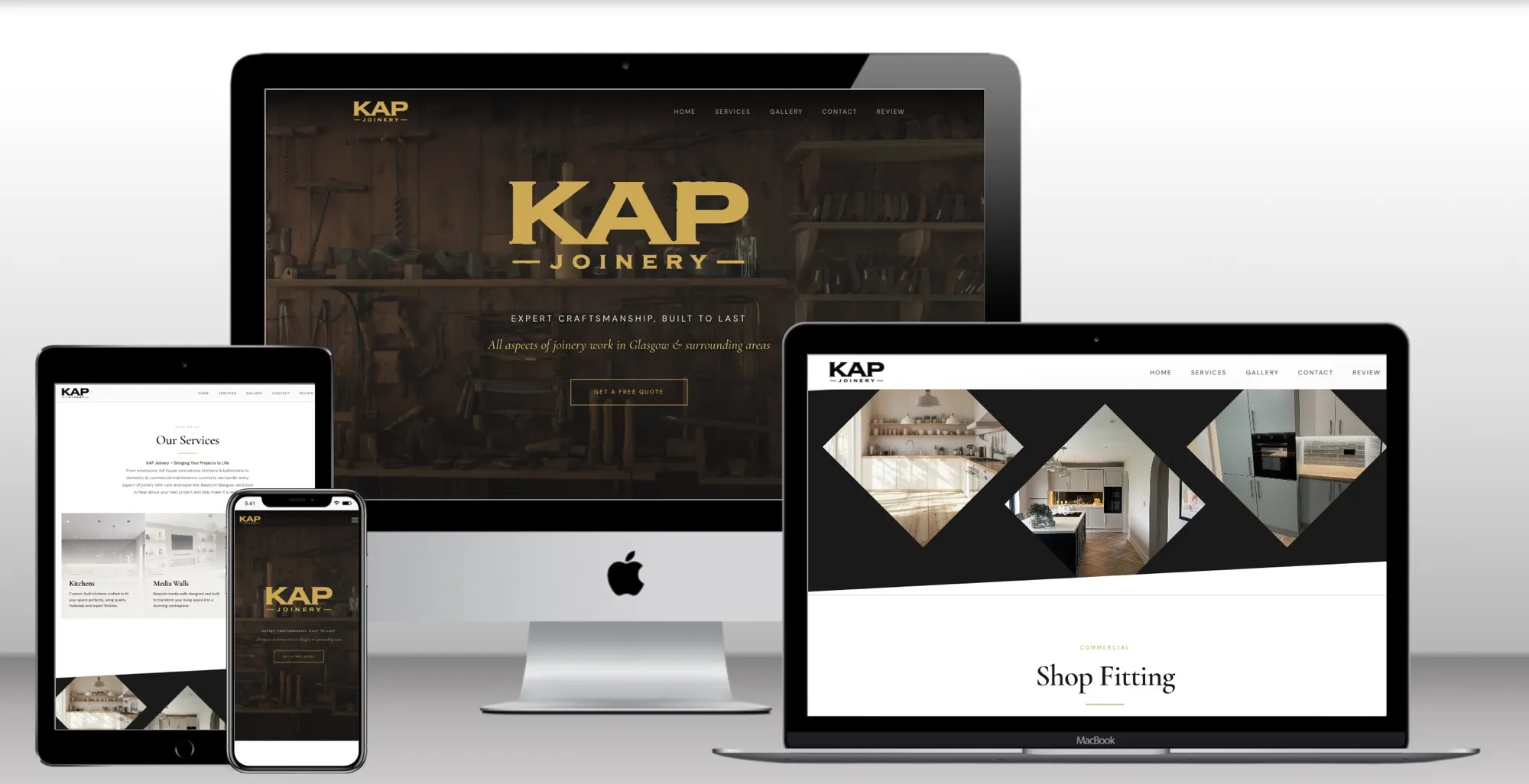 KAP Joinery website shown on iMac, MacBook, iPad and iPhone — dark workshop hero, services section, angled section transitions